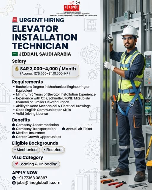 Urgent Hiring – Elevator Installation Technicians | Saudi Arabia 