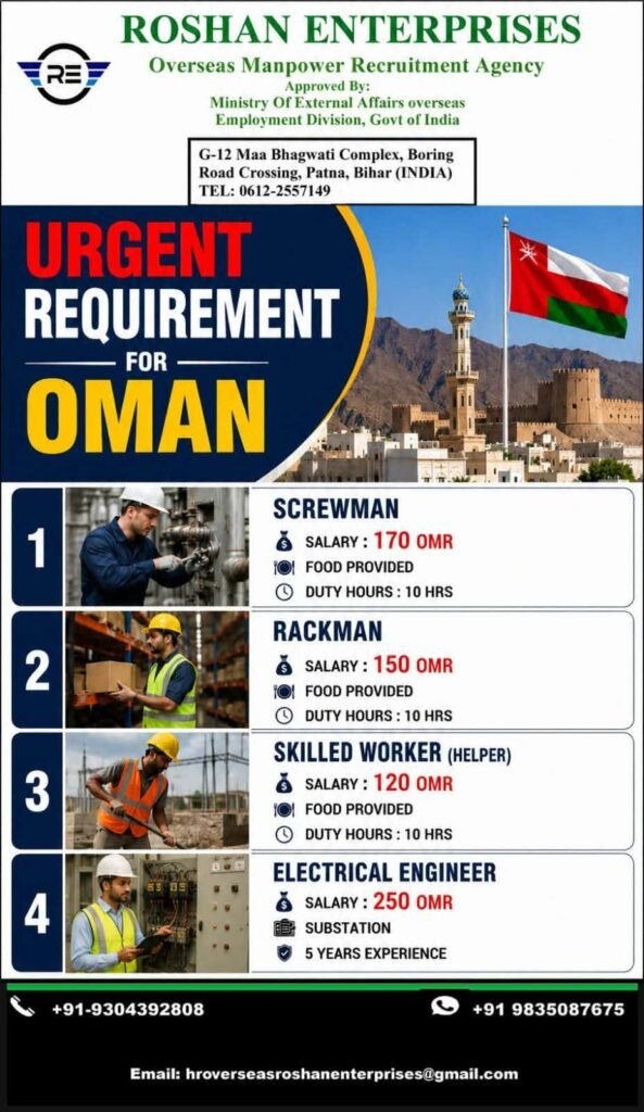Oman Jobs 2026 – Screwman, Rackman, Skilled Worker & Electrical Engineer Vacancies