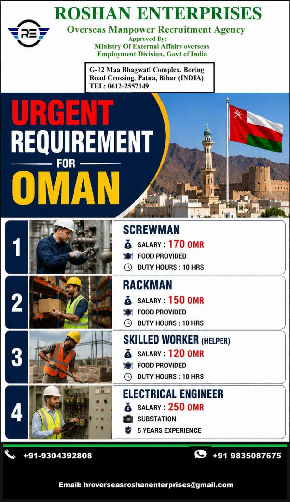 Oman Jobs 2026 – Screwman, Rackman, Skilled Worker & Electrical Engineer Vacancies