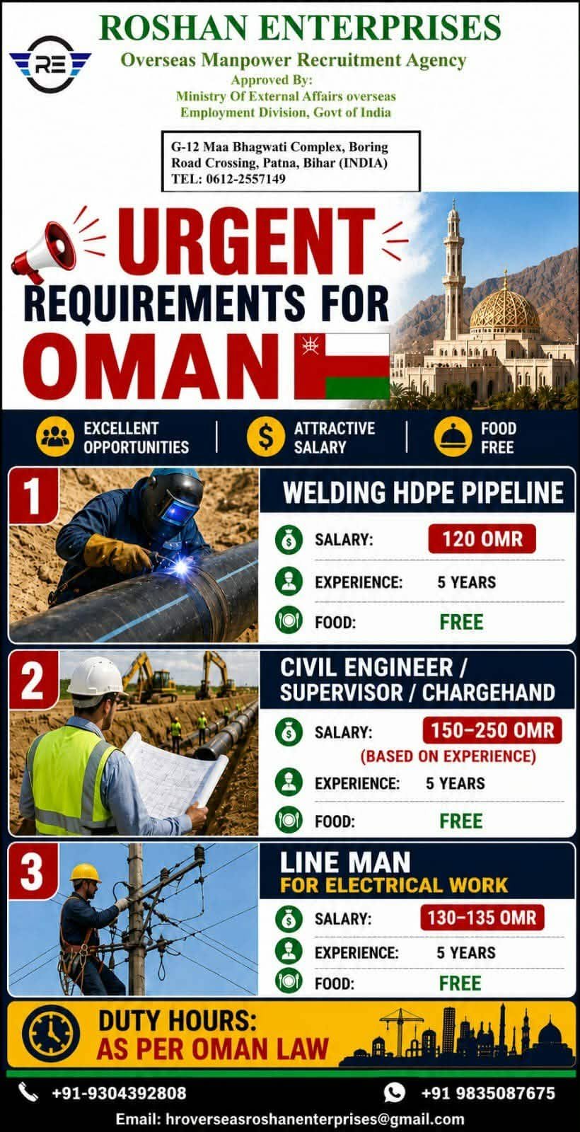 Oman Jobs 2026 | HDPE Pipeline Welding, Civil Engineer & Lineman Vacancies