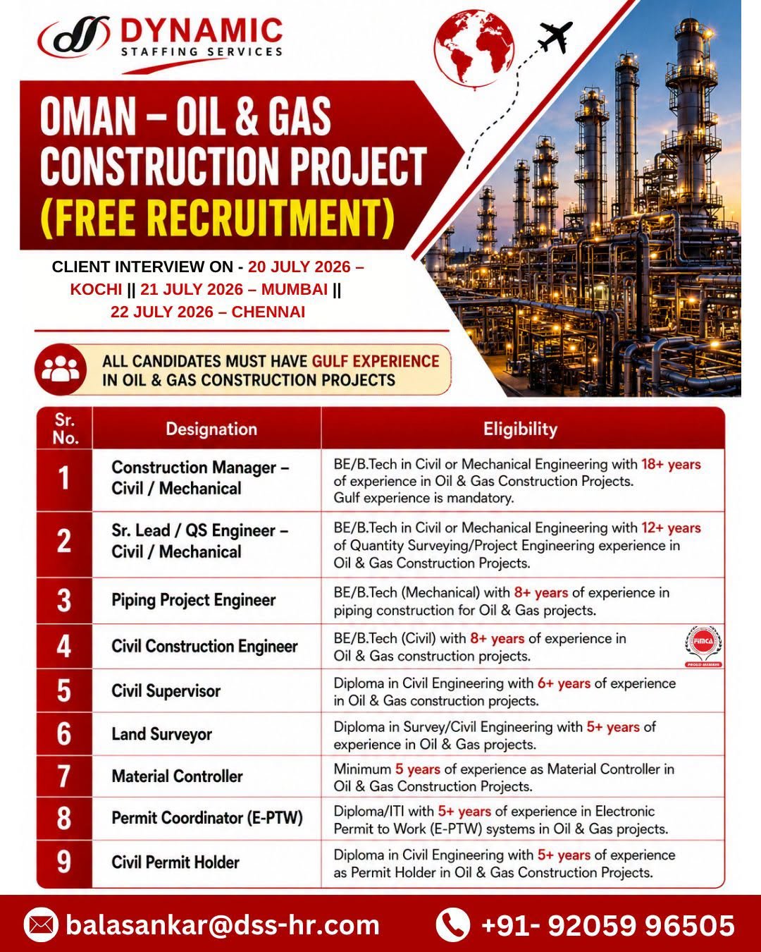 Oman Oil & Gas Construction Project Jobs 2026 – Free Recruitment