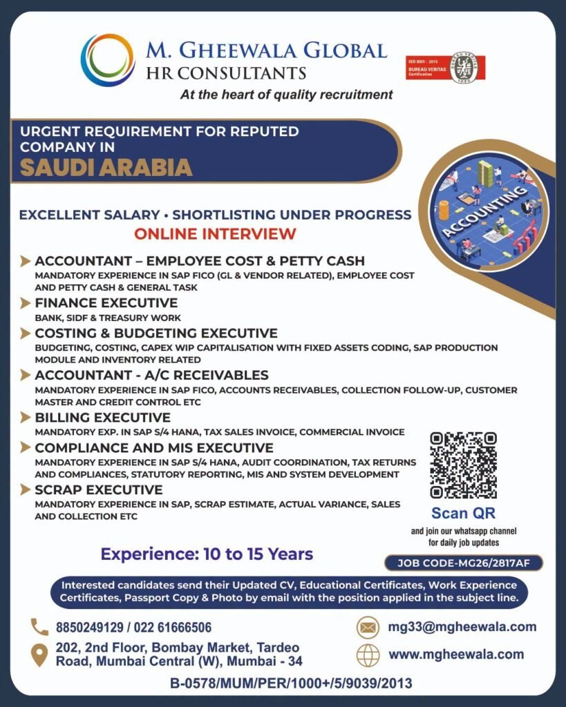 Saudi Arabia Finance & Accounts Jobs 2026 | Online Interview