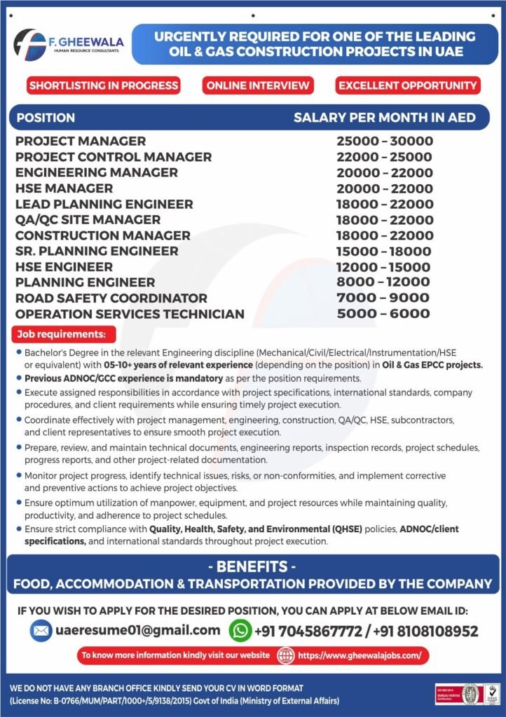 UAE Oil & Gas Construction Project Jobs 2026 – Multiple Vacancies