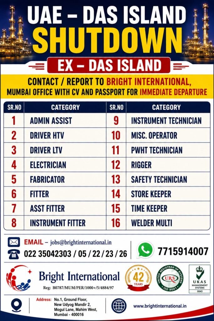 UAE DAS Island Shutdown Project Jobs 2026 | Immediate Departure