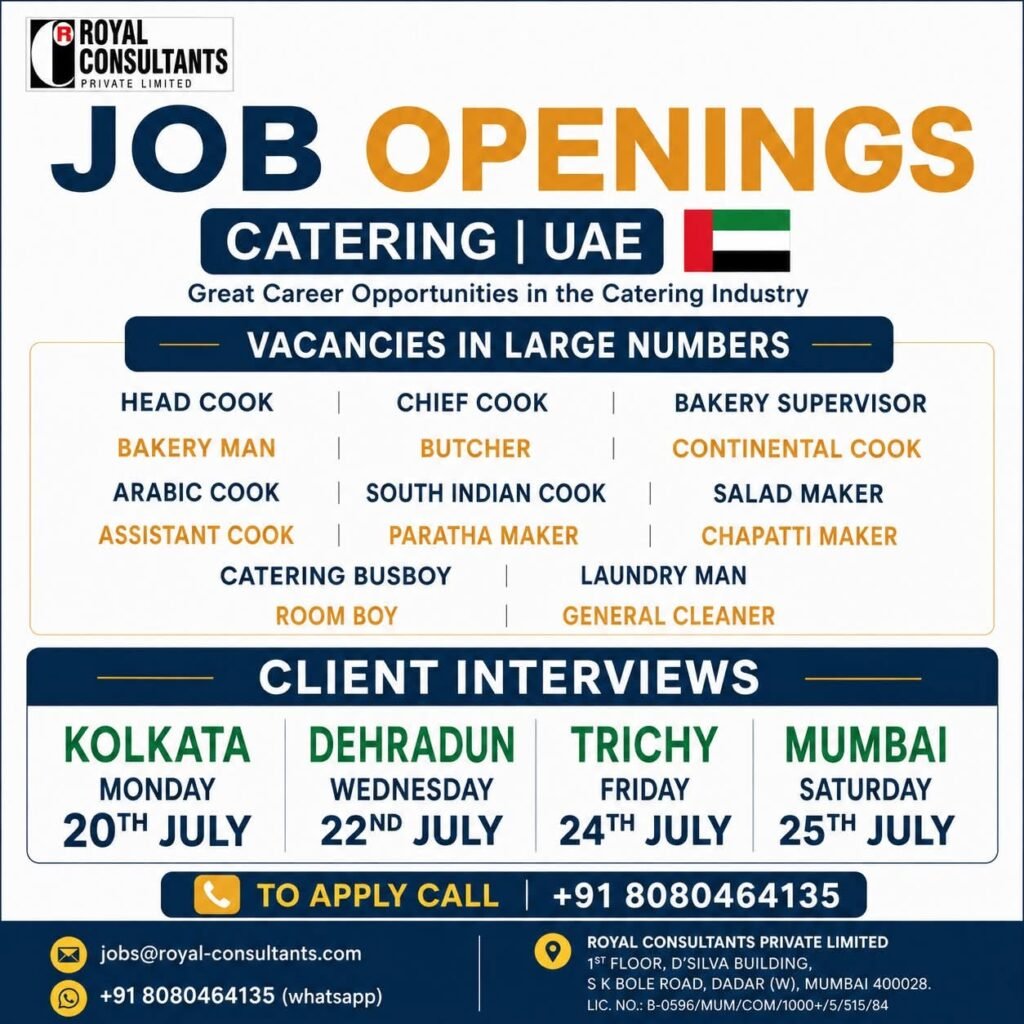 UAE Catering Jobs 2026 | Large Vacancies | Client Interviews Across India