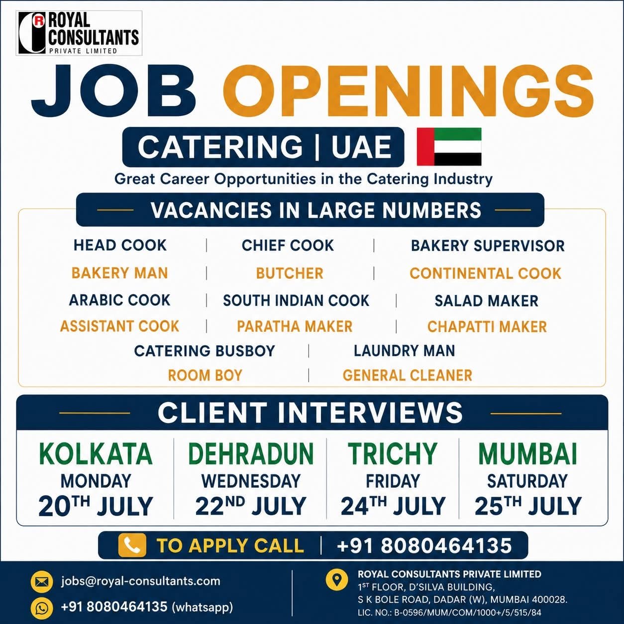 UAE Catering Jobs 2026 | Large Vacancies | Client Interviews Across India