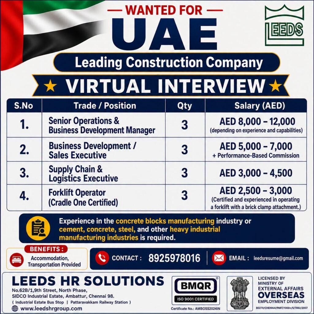 UAE Jobs – Virtual Interview | Leading Construction Company 