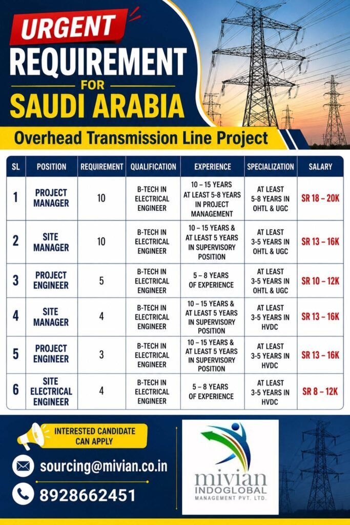 Saudi Arabia Electrical Jobs 2026 | Overhead Transmission Line Project | Apply Online Saudi Arabia Electrical Jobs 2026 | Overhead Transmission Line Project | Apply Online