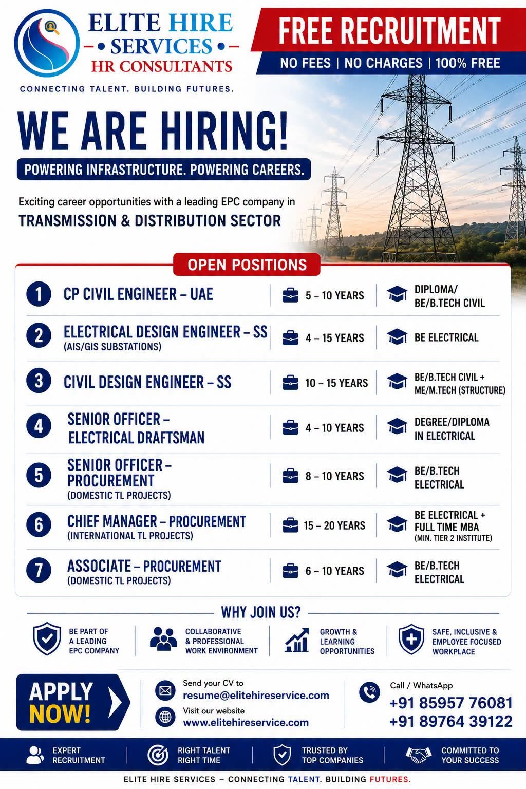 Transmission & Distribution Jobs 2026 | UAE & Substation Design Engineer Vacancies | Free Recruitment