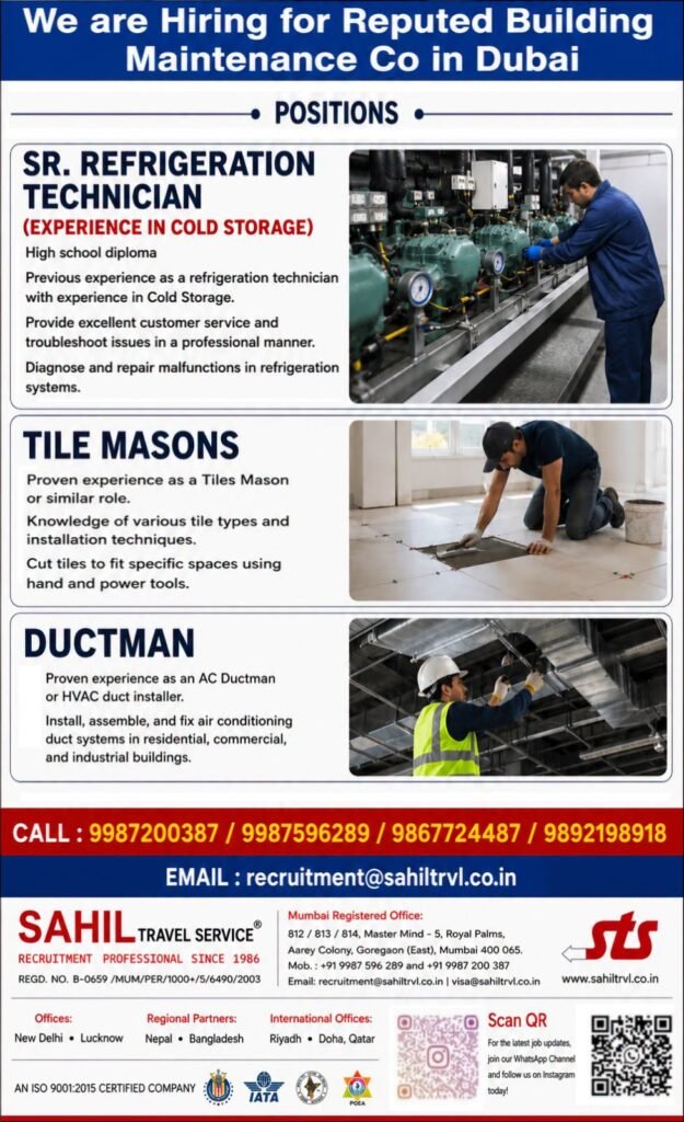 Hiring for Reputed Building Maintenance Company in Dubai.