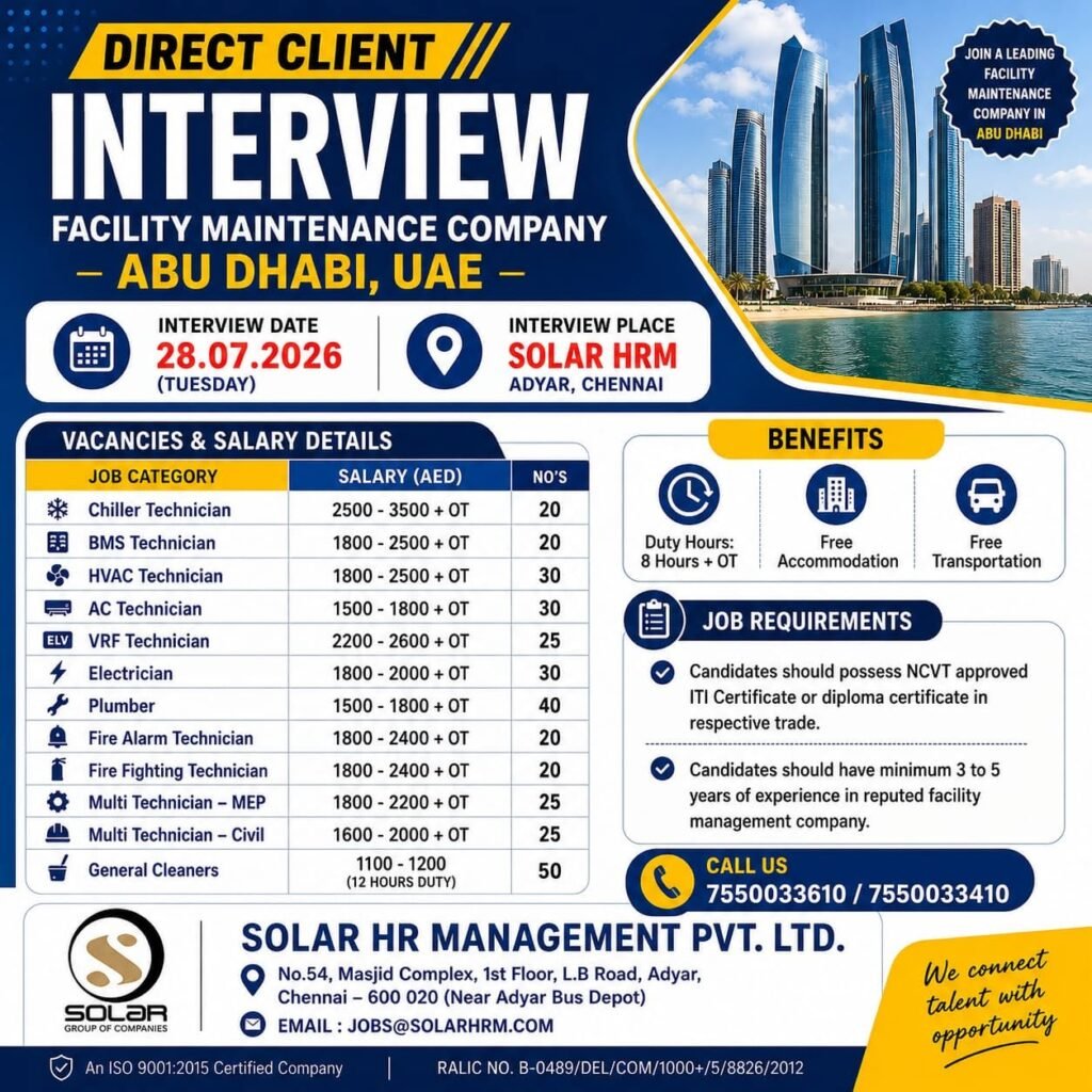 Abu Dhabi Facility Maintenance Jobs 2026 | Direct Client Interview for UAE Abu Dhabi Facility Maintenance Jobs 2026 | Direct Client Interview for UAE