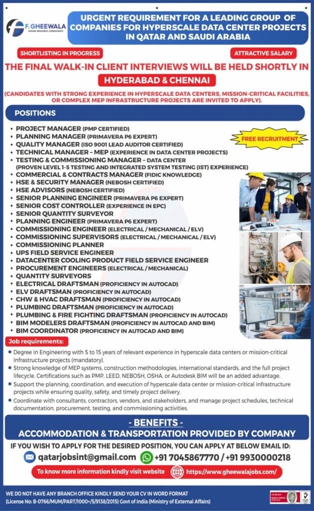Qatar & Saudi Arabia Hyperscale Data Center Jobs 2026 | Free Recruitment 