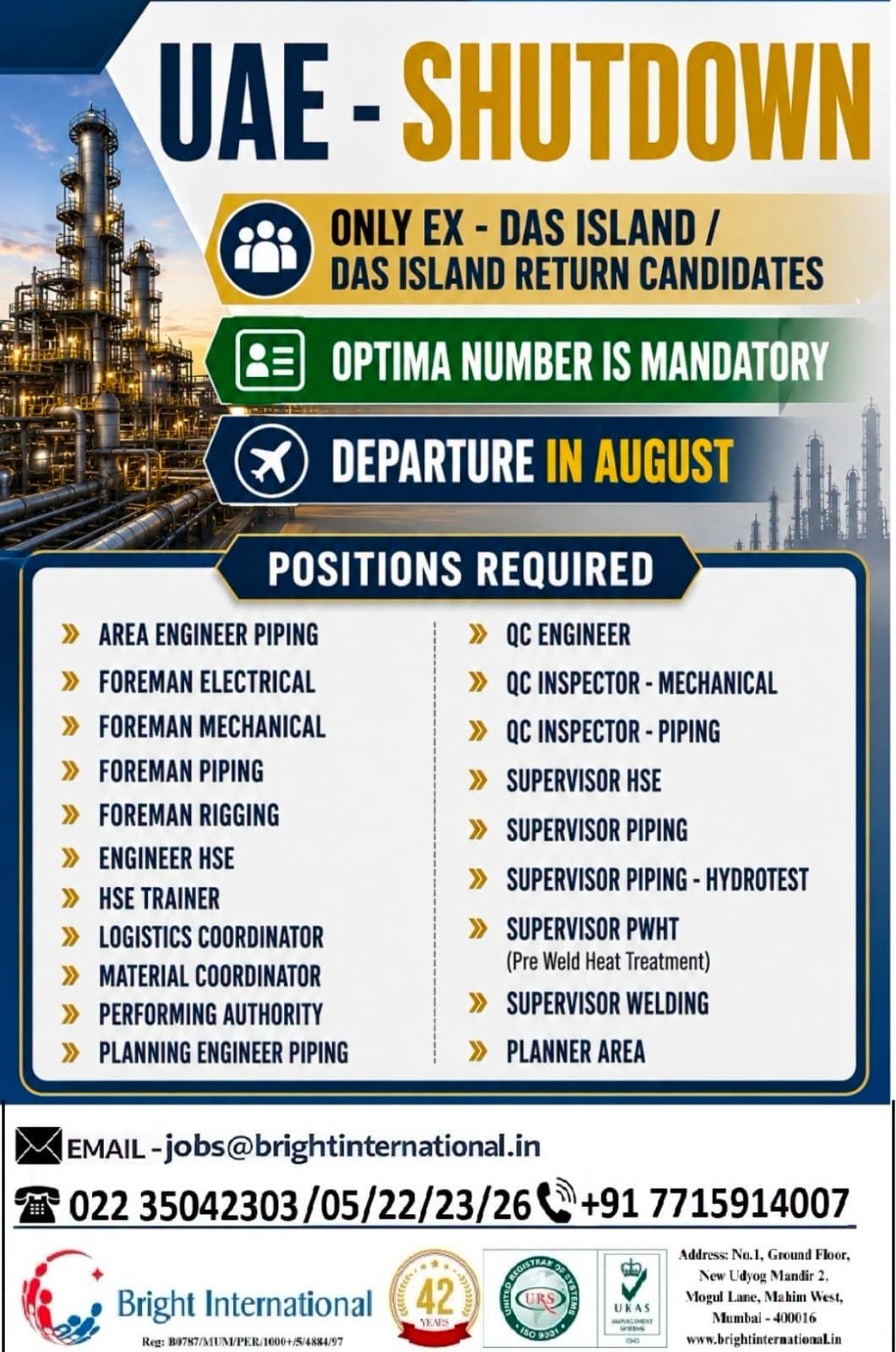 UAE Shutdown Jobs 2026 | DAS Island Shutdown Project Vacancies – August Departure