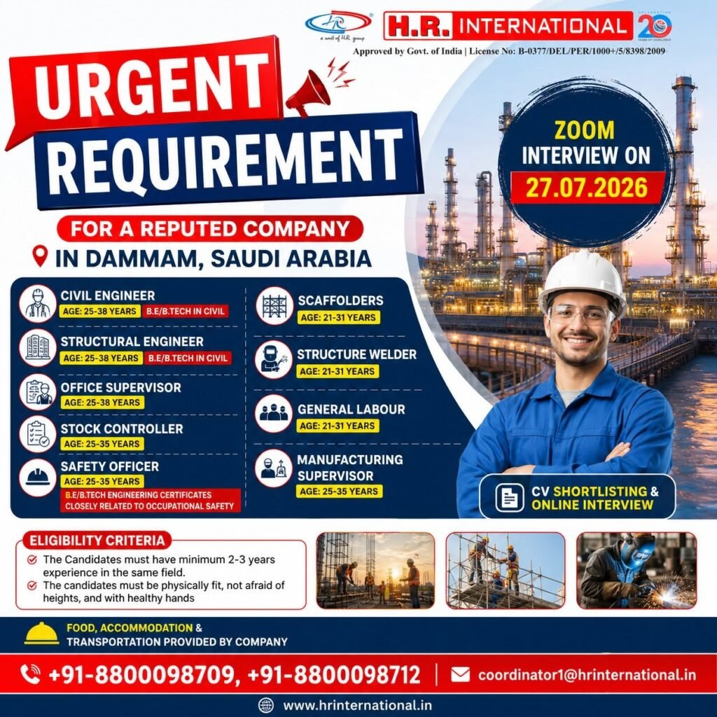 Saudi Arabia Jobs 2026 | Dammam Company Recruitment | Zoom Interview on 27 July 2026 Saudi Arabia Jobs 2026 | Dammam Company Recruitment | Zoom Interview on 27 July 2026