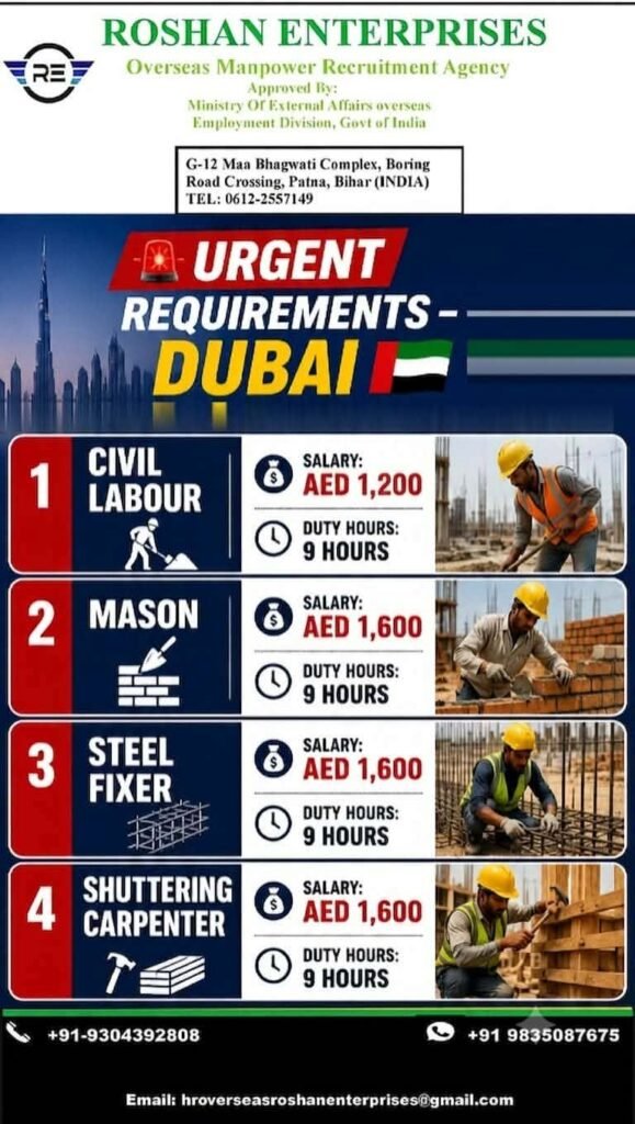 Dubai Jobs 2026 | Civil Labour, Mason, Steel Fixer & Shuttering Carpenter | Urgent Recruitment