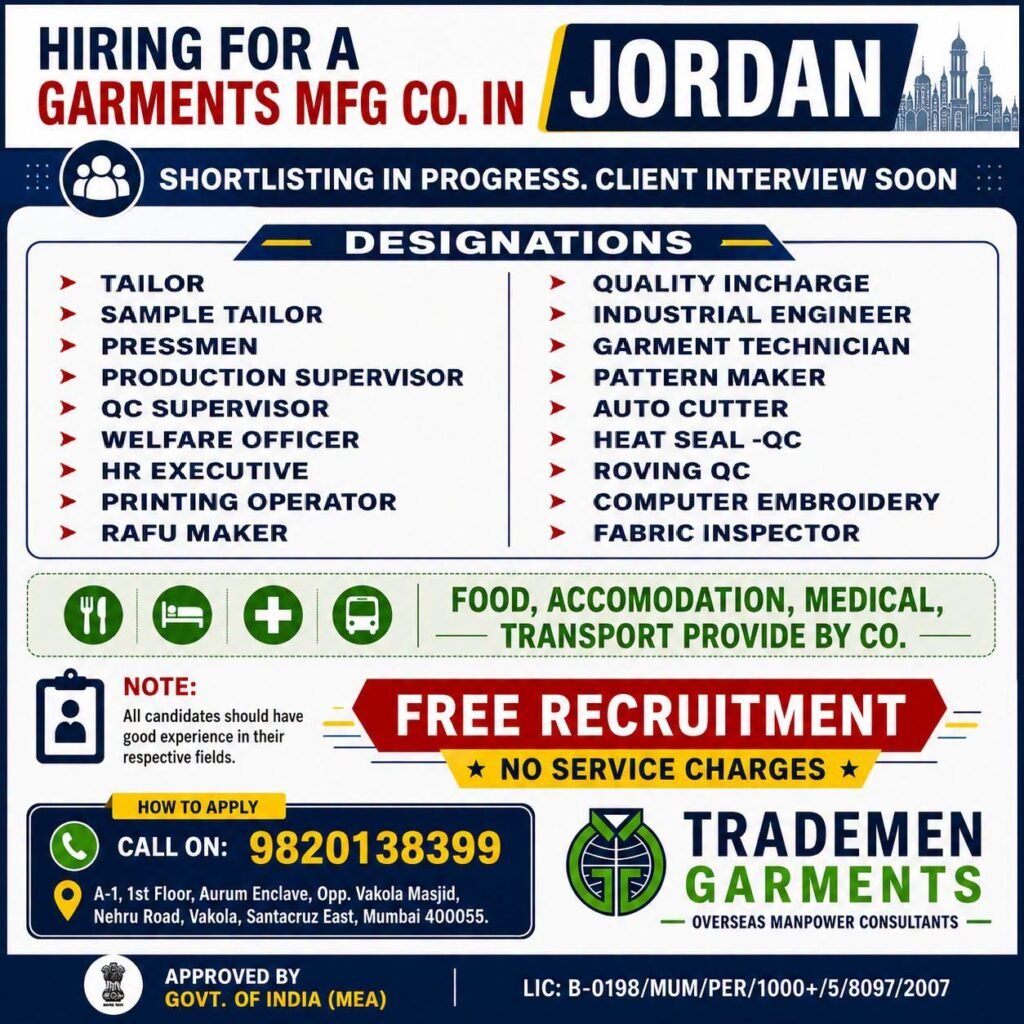 Jordan Garments Manufacturing Company Jobs 2026 | Free Recruitment | Tailor, QC Supervisor, HR Executive & More