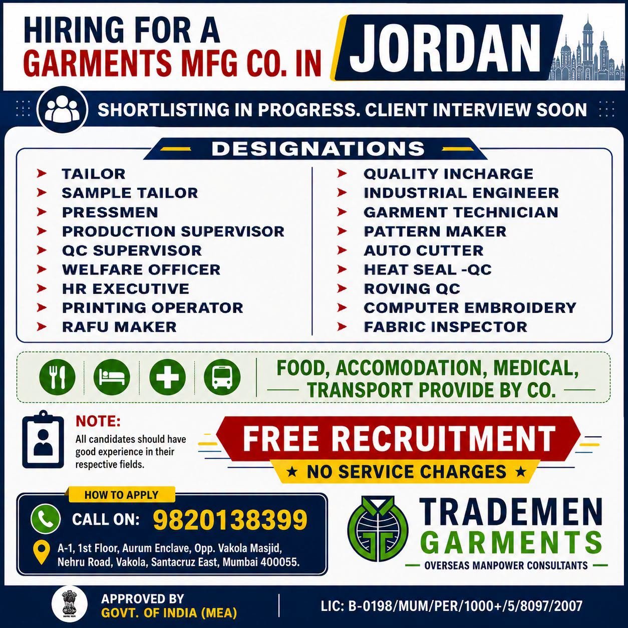 Jordan Garments Manufacturing Company Jobs 2026 | Free Recruitment | Tailor, QC Supervisor, HR Executive & More