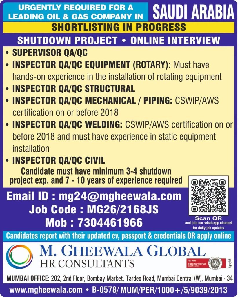 Saudi Arabia Shutdown Project Jobs 2026 – Online Interview Saudi Arabia Shutdown Project Jobs 2026 – Online Interview