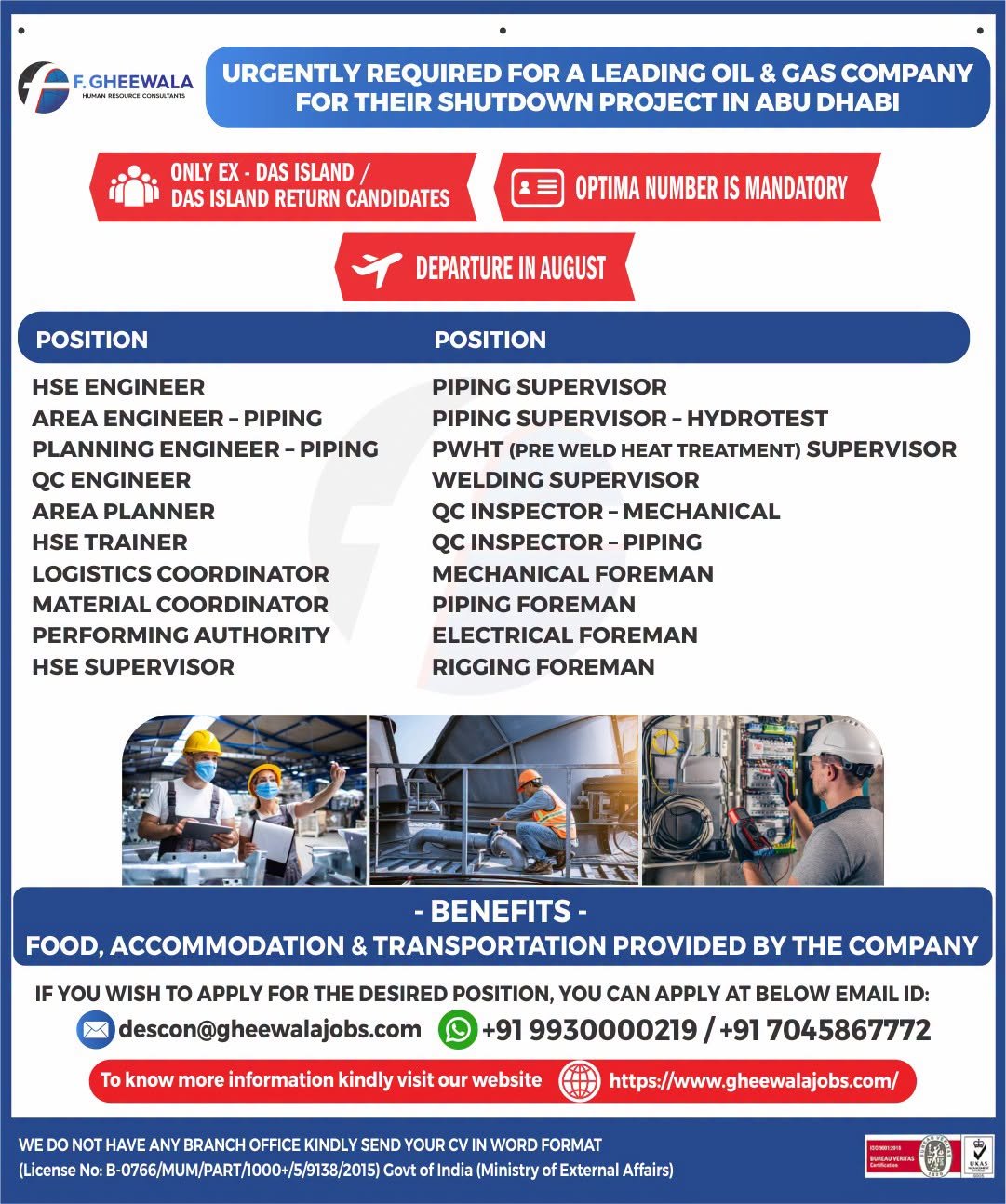 Abu Dhabi Shutdown Project Jobs 2026 | Leading Oil & Gas Company | Free Recruitment