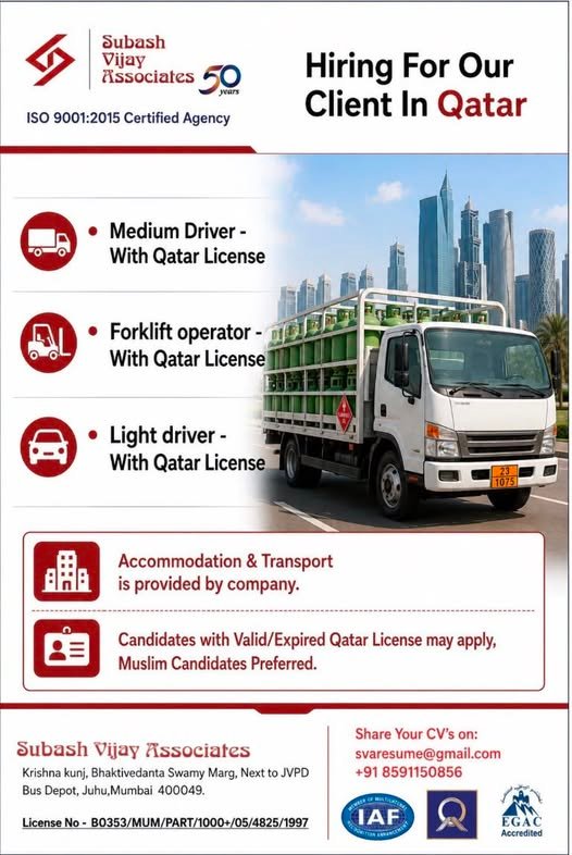 Qatar Driver Jobs 2026 | Medium Driver, Light Driver & Forklift Operator Vacancies