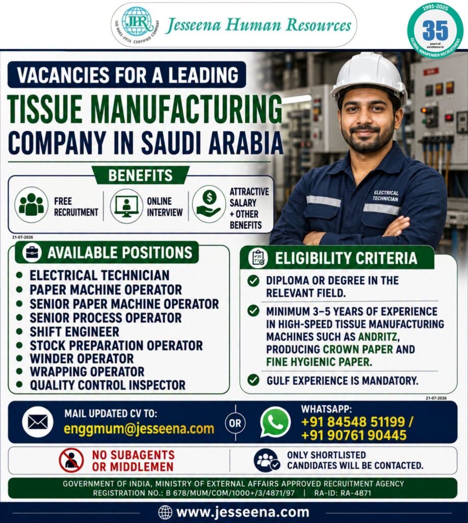 Vacancies for a Leading Tissue Manufacturing Company in Saudi Arabia Vacancies for a Leading Tissue Manufacturing Company in Saudi Arabia