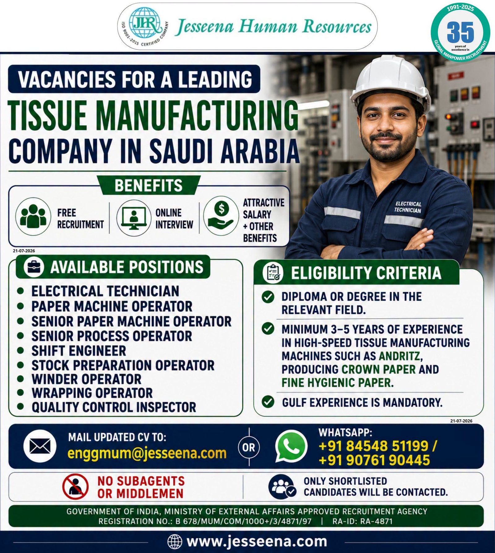 Vacancies for a Leading Tissue Manufacturing Company in Saudi Arabia