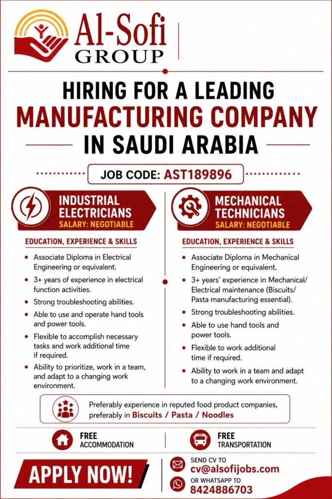 Saudi Arabia Manufacturing Company Jobs 2026 | Industrial Electrician & Mechanical Technician Vacancies 