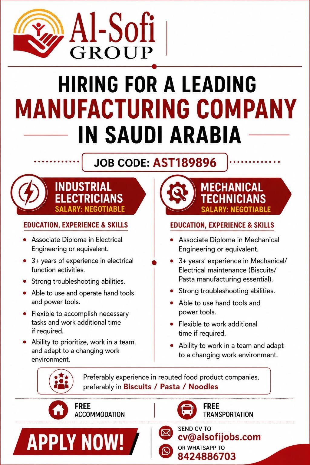 Saudi Arabia Manufacturing Company Jobs 2026 | Industrial Electrician & Mechanical Technician Vacancies