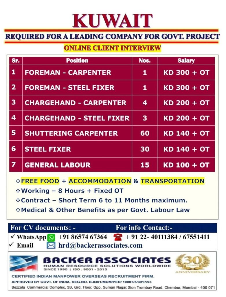 Kuwait : Hiring For Leading Company for Govt. Project Kuwait : Hiring For Leading Company for Govt. Project