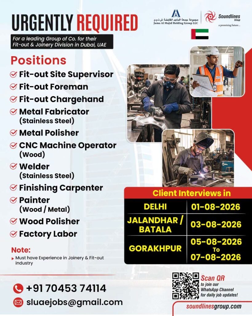 UAE : Hiring For a leading Group of Co. for their Fit-out & Joinery Division in Dubai