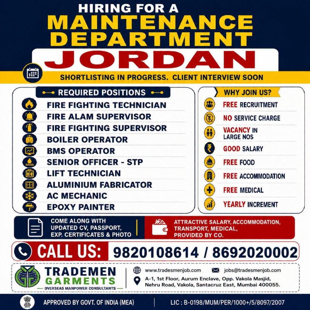 Jordan Maintenance Department Jobs 2026 | Apply Now Jordan Maintenance Department Jobs 2026 | Apply Now