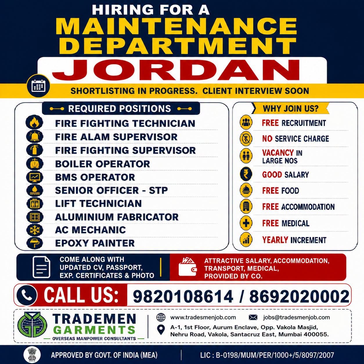 Jordan Maintenance Department Jobs 2026 | Apply Now