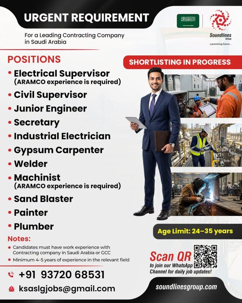 Urgent Recruitment For a Leading Contracting Company in Saudi Arabia