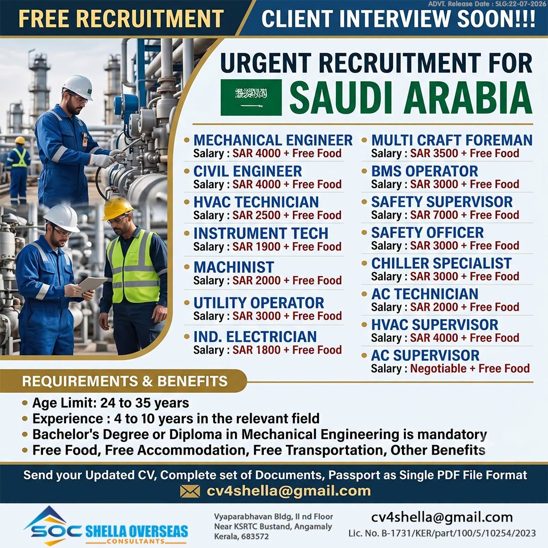 Saudi Arabia Oil & Gas Jobs 2026 | Free Recruitment | Client Interview Soon