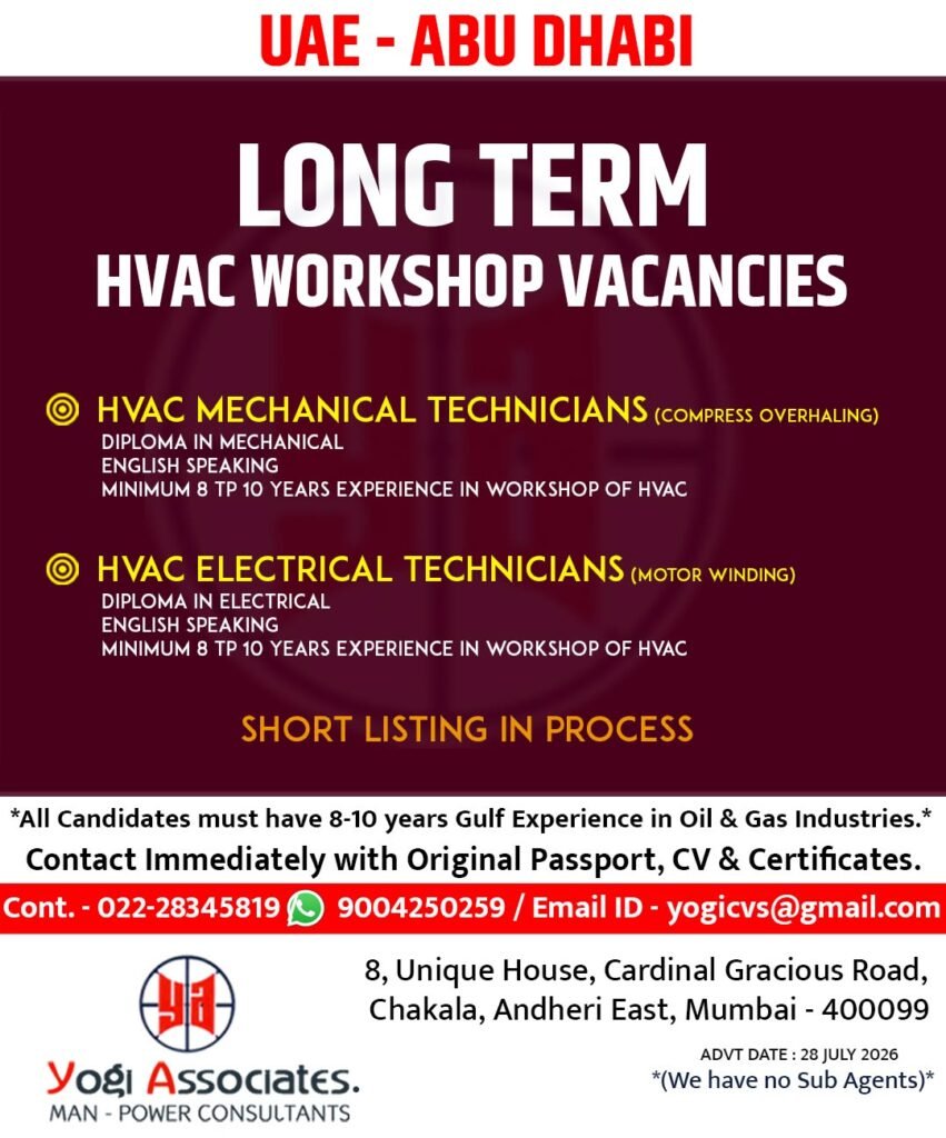 UAE Abu Dhabi HVAC Workshop Jobs 2026 | Long-Term HVAC Mechanical & Electrical Technician Vacancies