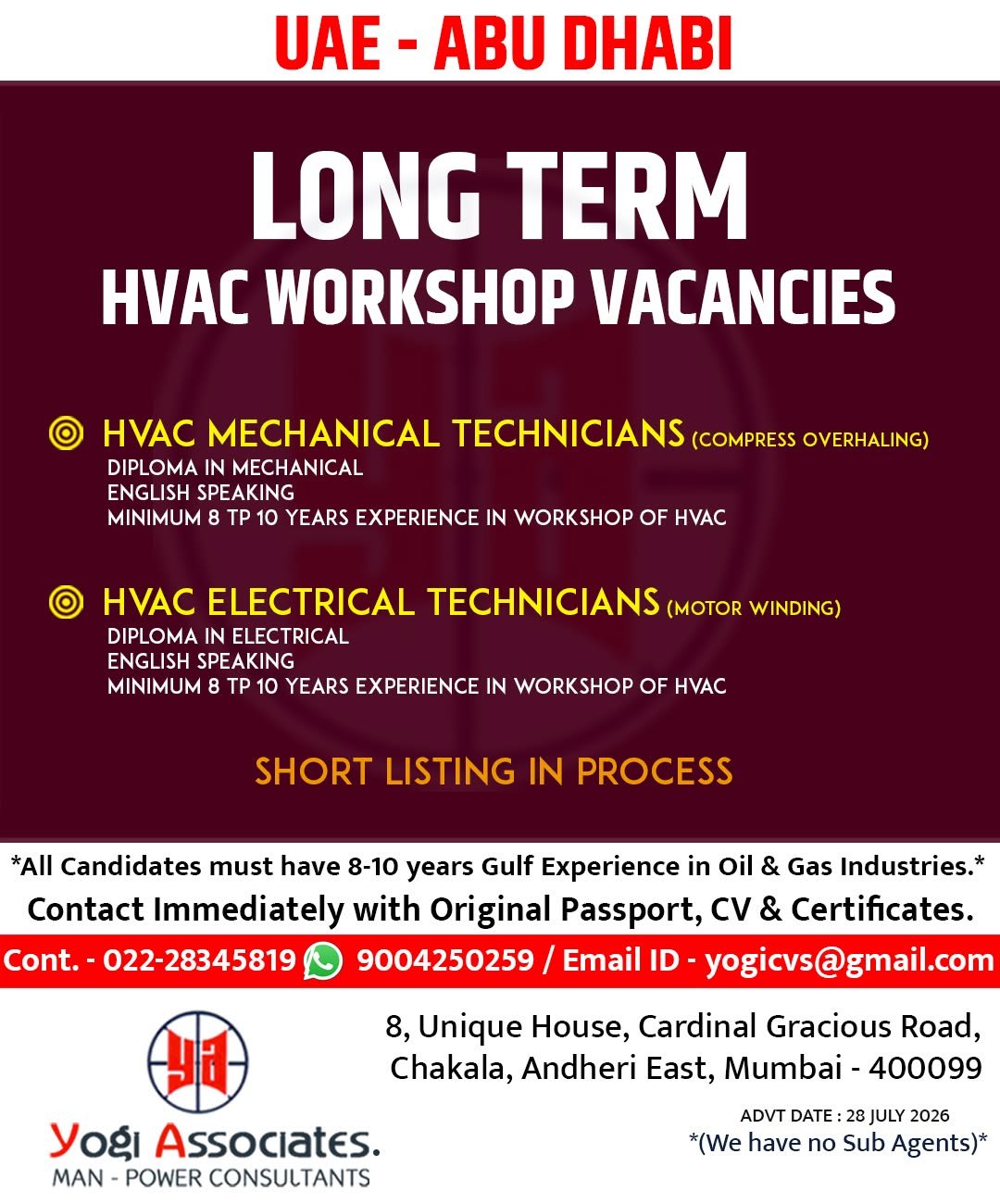 UAE Abu Dhabi HVAC Workshop Jobs 2026 | Long-Term HVAC Mechanical & Electrical Technician Vacancies