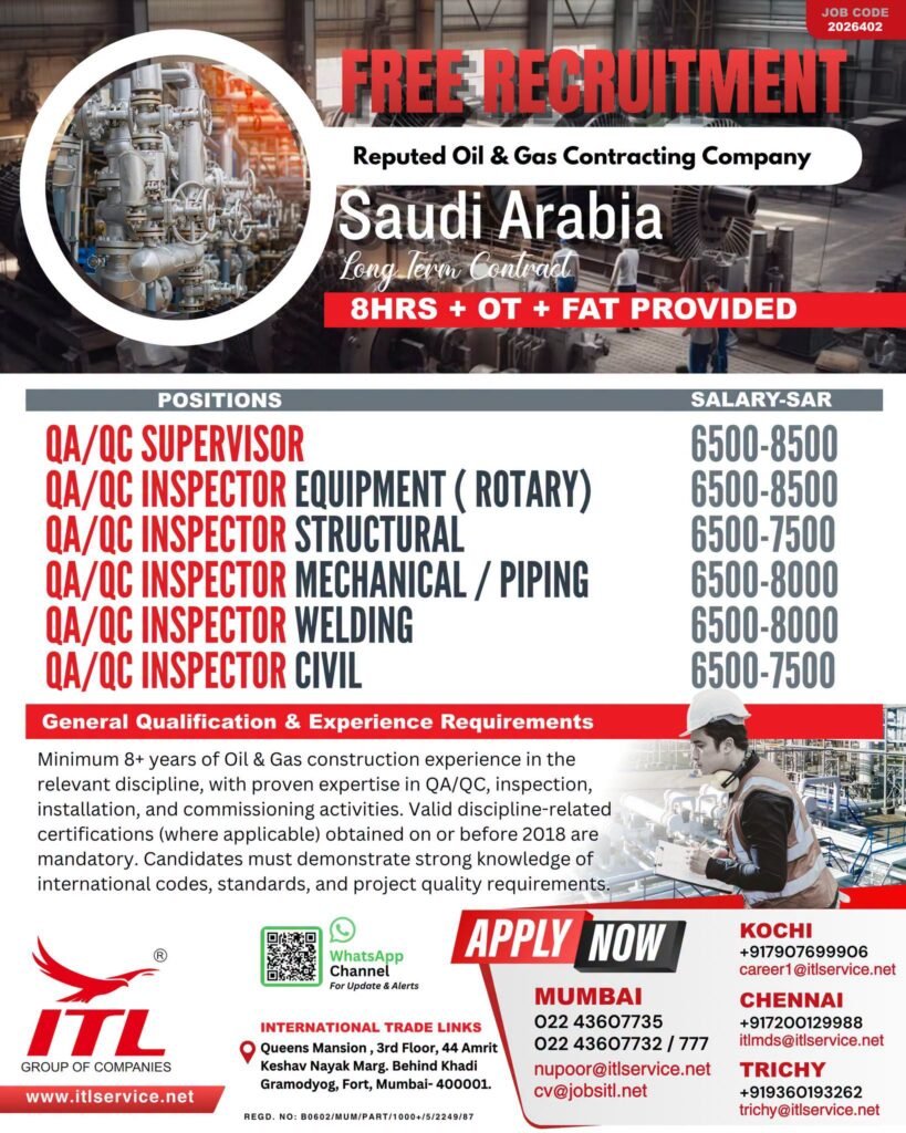 Saudi Arabia Oil & Gas Jobs 2026 | QA/QC Supervisor & Inspector Vacancies | Free Recruitment