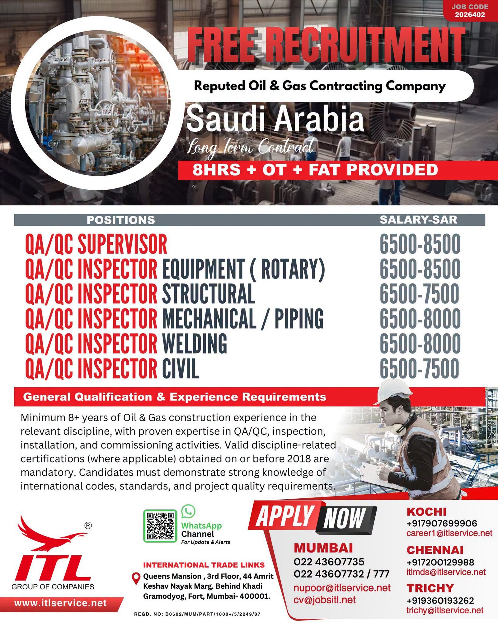 Saudi Arabia Oil & Gas Jobs 2026 | QA/QC Supervisor & Inspector Vacancies | Free Recruitment