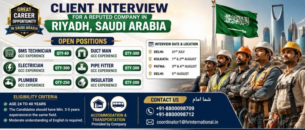 Riyadh Saudi Arabia Jobs 2026 | Electrician, Pipe Fitter, Duct Man, Plumber & BMS Technician Vacancies | Client Interview