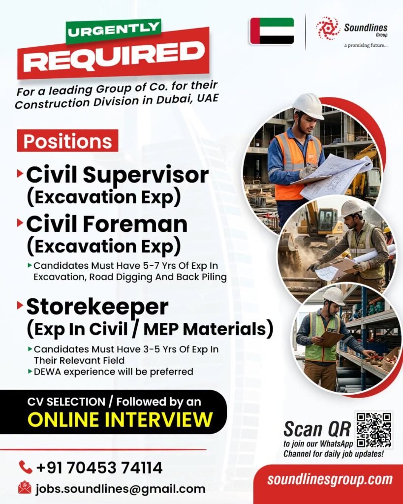 UAE : Hiring For a leading Group of Co. for their Construction Division in Dubai