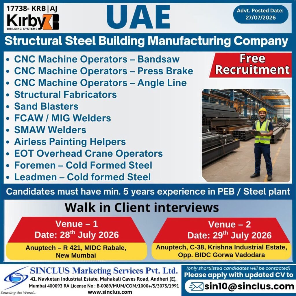 UAE Structural Steel Manufacturing Jobs 2026 | Free Recruitment
