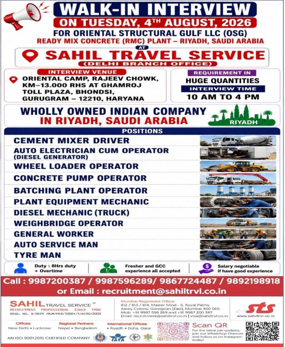 Hiring for Saudi Arabia plant company in Riyadh , Saudi Arabia.