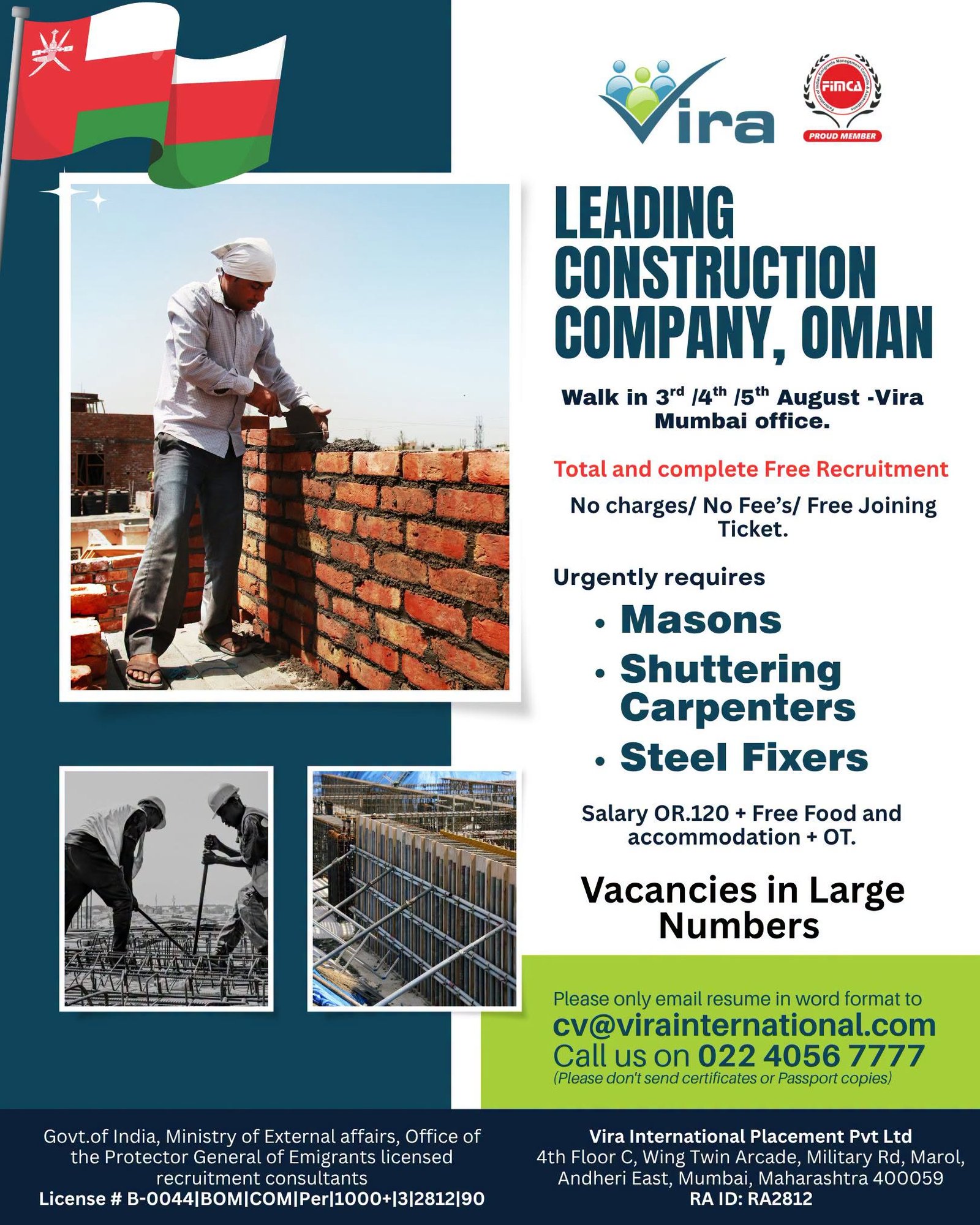 Recruitment for A leading construction company in Oman - Apply Now