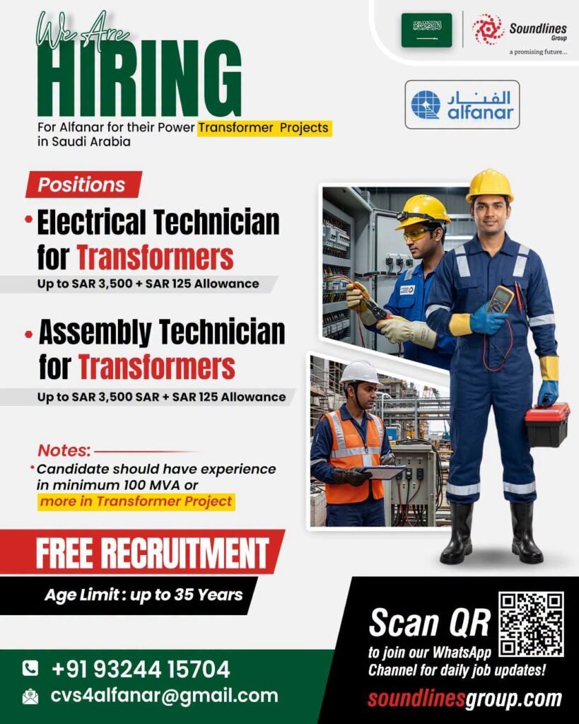 Hiring For Alfanar for their Power Transformer Projects in Saudi Arabia