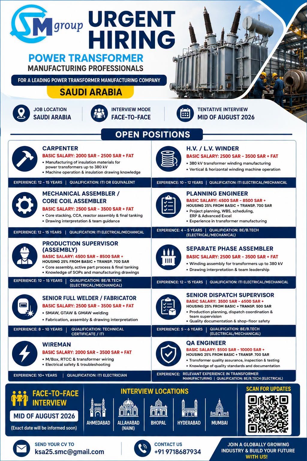Saudi Arabia - Urgent Hiring for Power Transformer Manufacturing Professionals