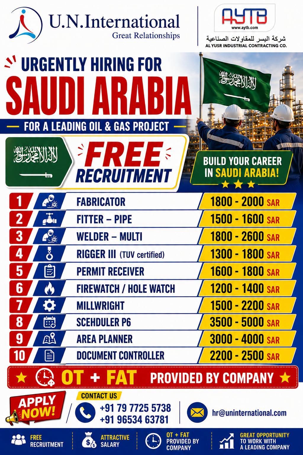 Saudi Arabia Oil & Gas Jobs 2026 | AL YUSR Industrial Contracting Company | Free Recruitment