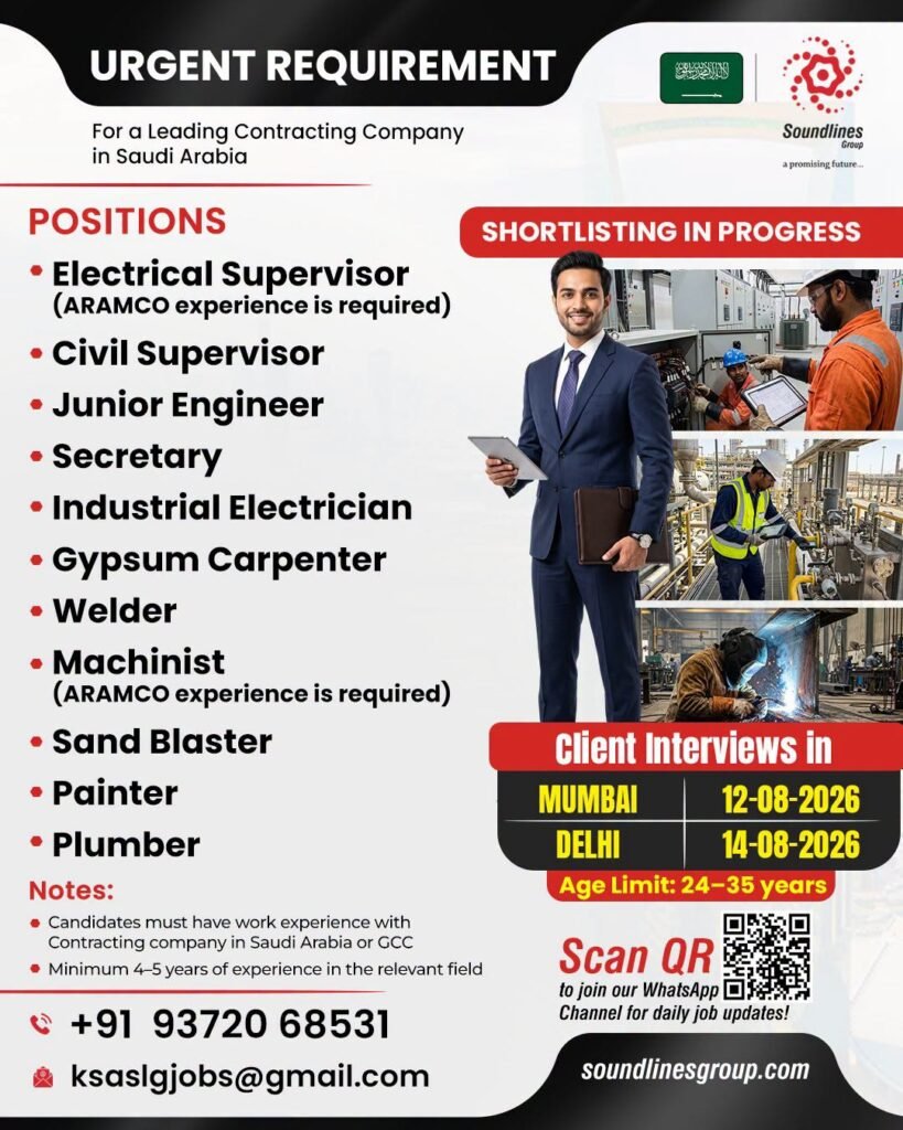 Hiring Urgent For a Leading Contracting Company in Saudi Arabia Hiring Urgent For a Leading Contracting Company in Saudi Arabia