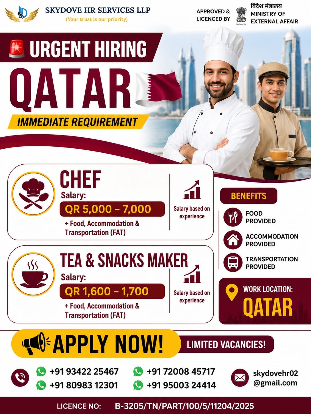 Qatar Chef & Tea Snacks Maker Jobs 2026 – Immediate Hiring | Free Food, Accommodation & Transportation