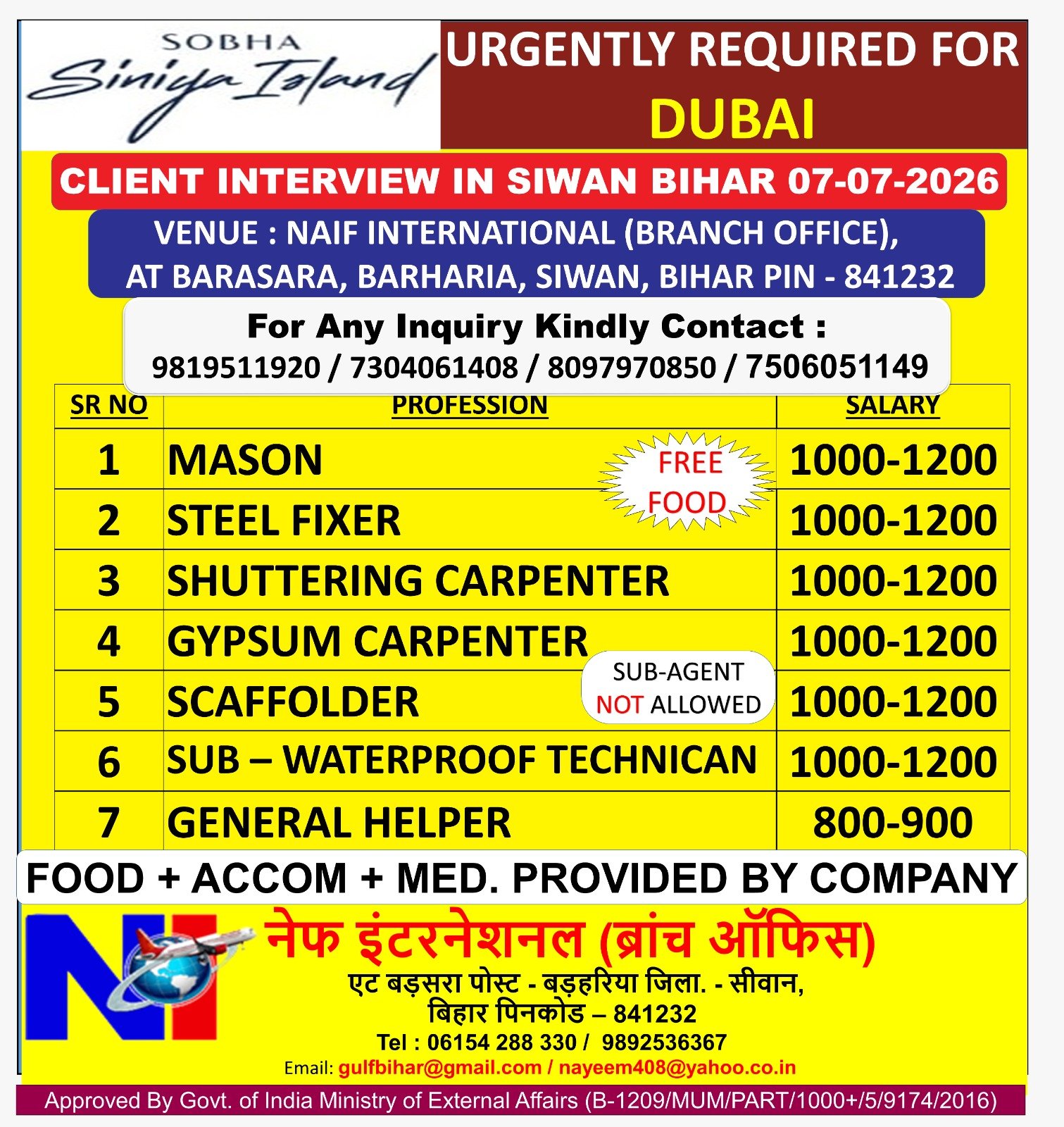 Dubai Construction Jobs 2026 – Mason, Steel Fixer, Carpenter, Scaffolder & Helper Vacancies | Client Interview in Siwan, Bihar