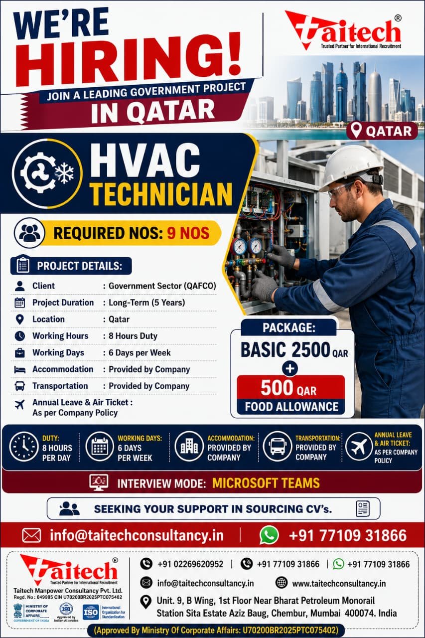 Qatar HVAC Technician Jobs 2026 | Government Project | Salary 3,000 QAR | Long-Term Recruitment